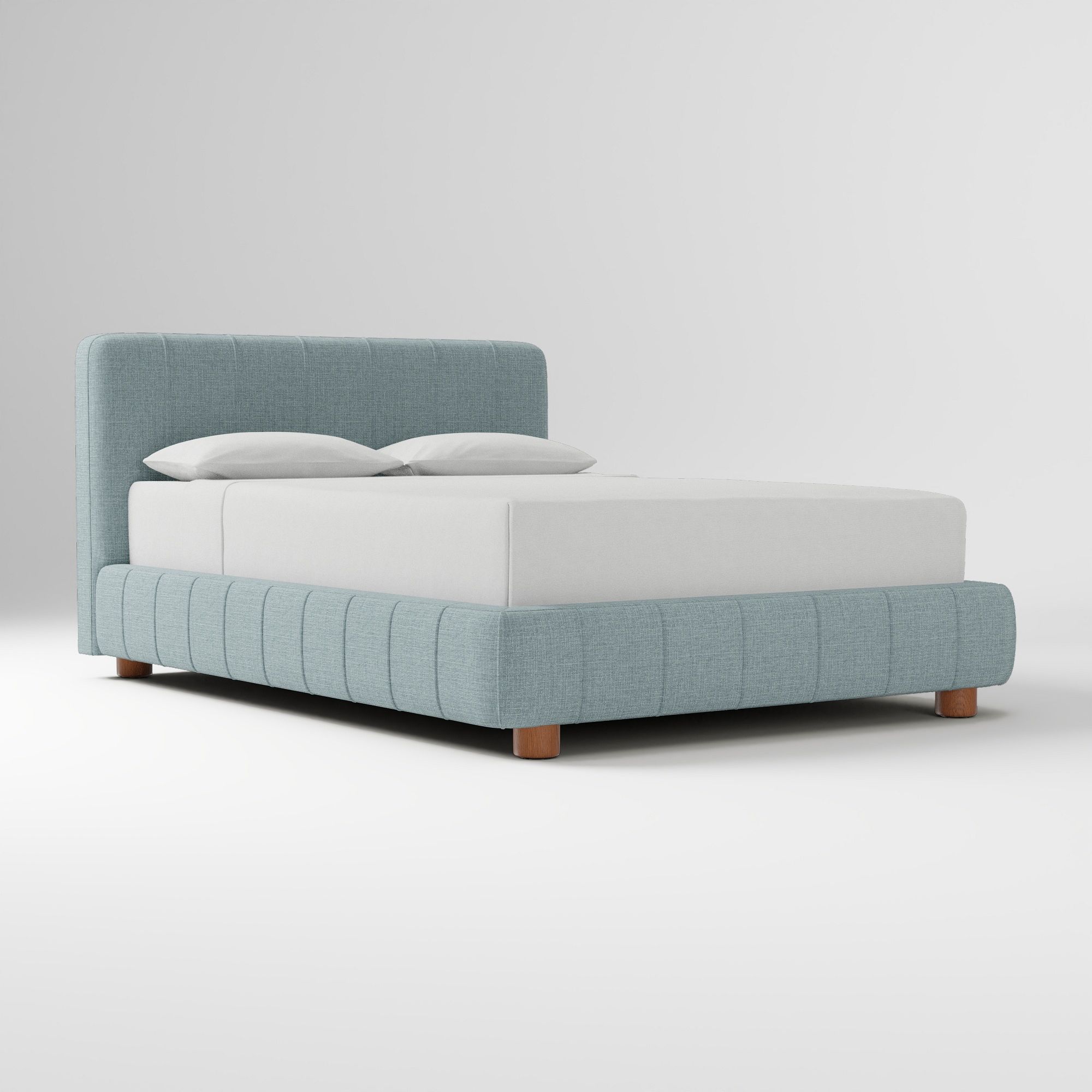 Pale dusty blue pleated upholstered bed