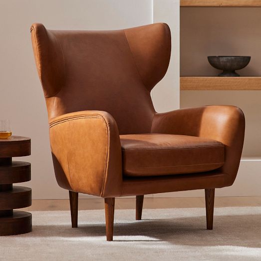 Lucia Leather Wing Chair - Wood Legs by West Elm