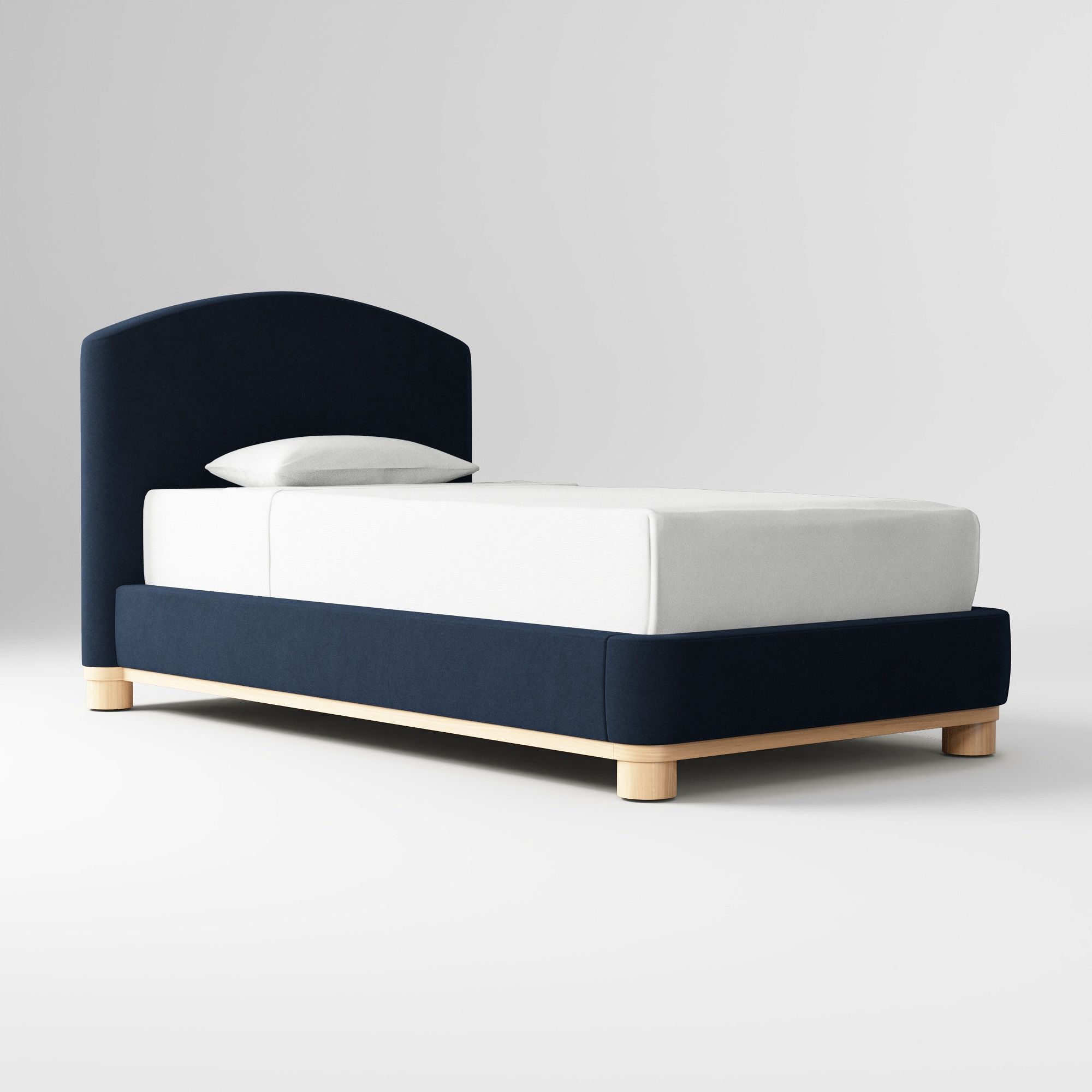 Navy velvet shelter upholstered bed with oak trim